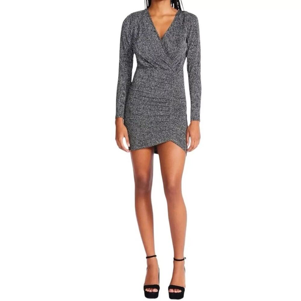 Betsey Johnson Dress Womens Sz S Black Silver Metallic Faux Wrap Cruise Cocktail
